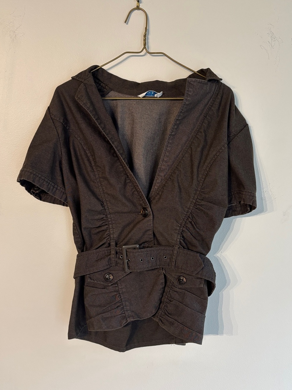 Y2K 90’s Short-Sleeve Belted Jacket - Dark Brown - M